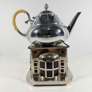 Vintage Dutch Chrome Tea Warmer w/ Teapot Red Glass Panels Made in Holland
